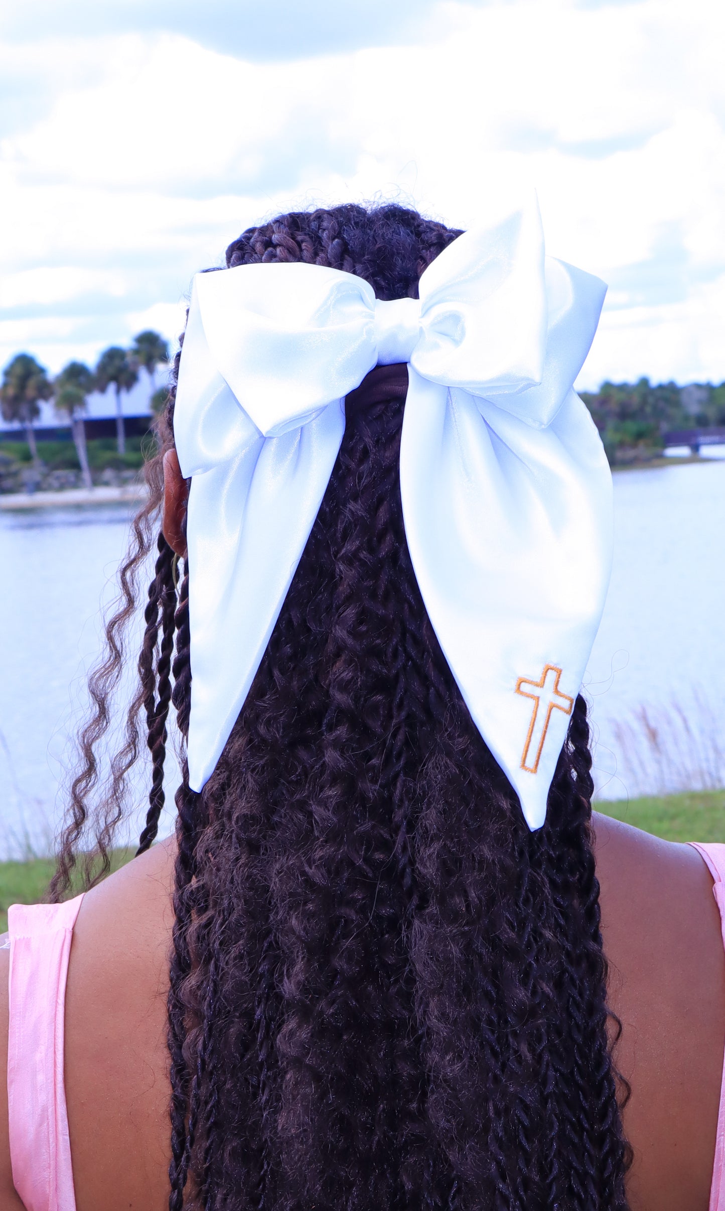 Embroidered Cross Satin Hair Bows