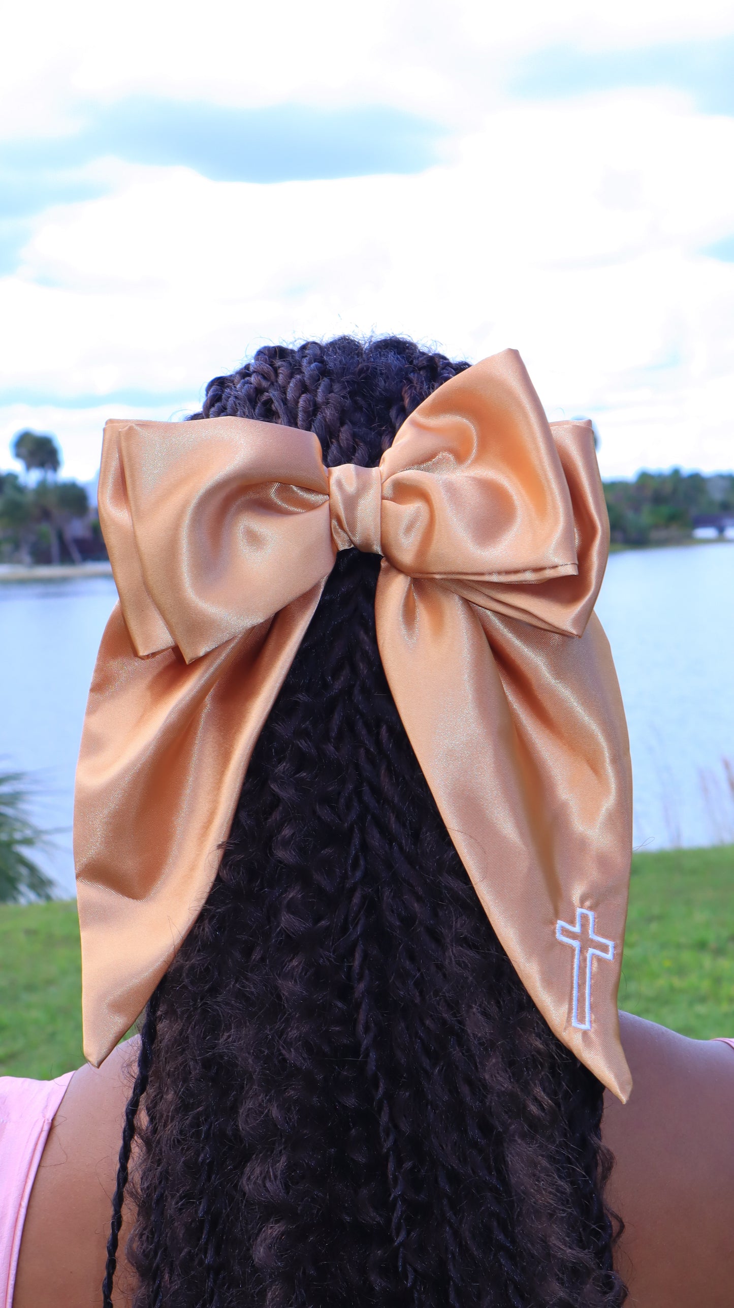 Embroidered Cross Satin Hair Bows