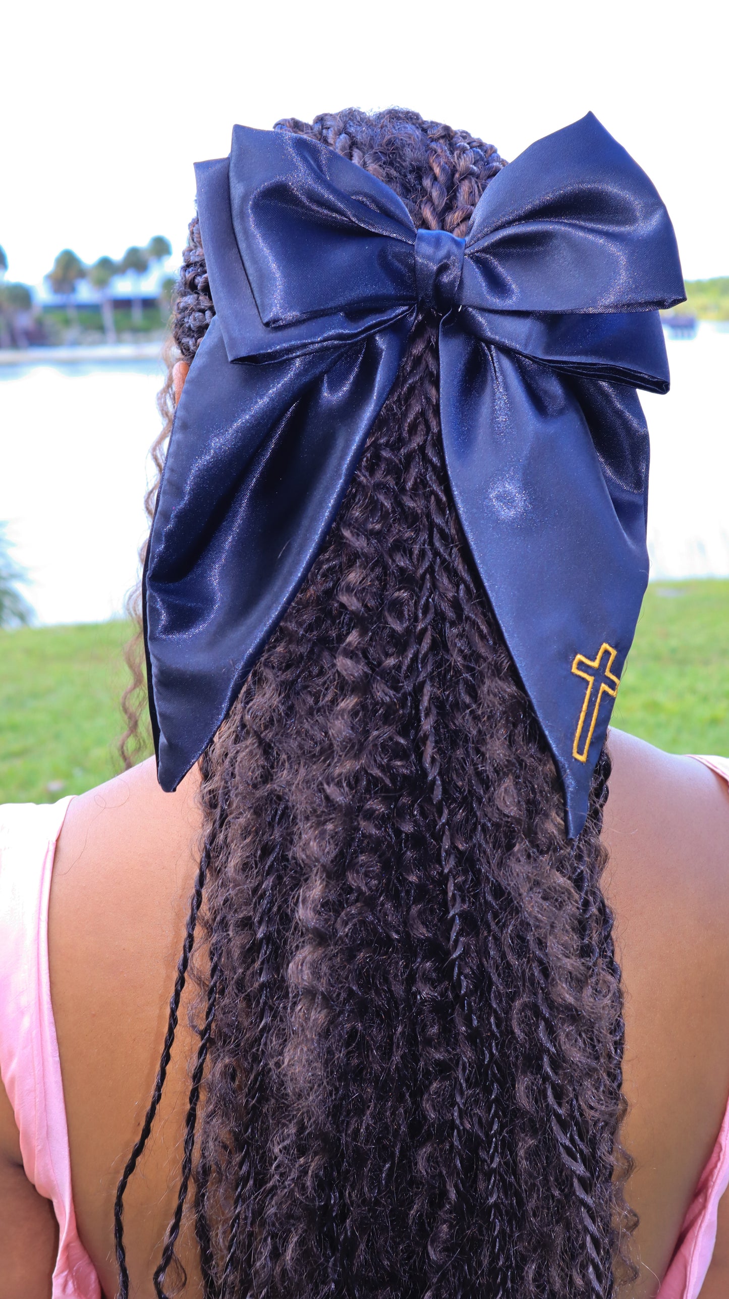 Embroidered Cross Satin Hair Bows
