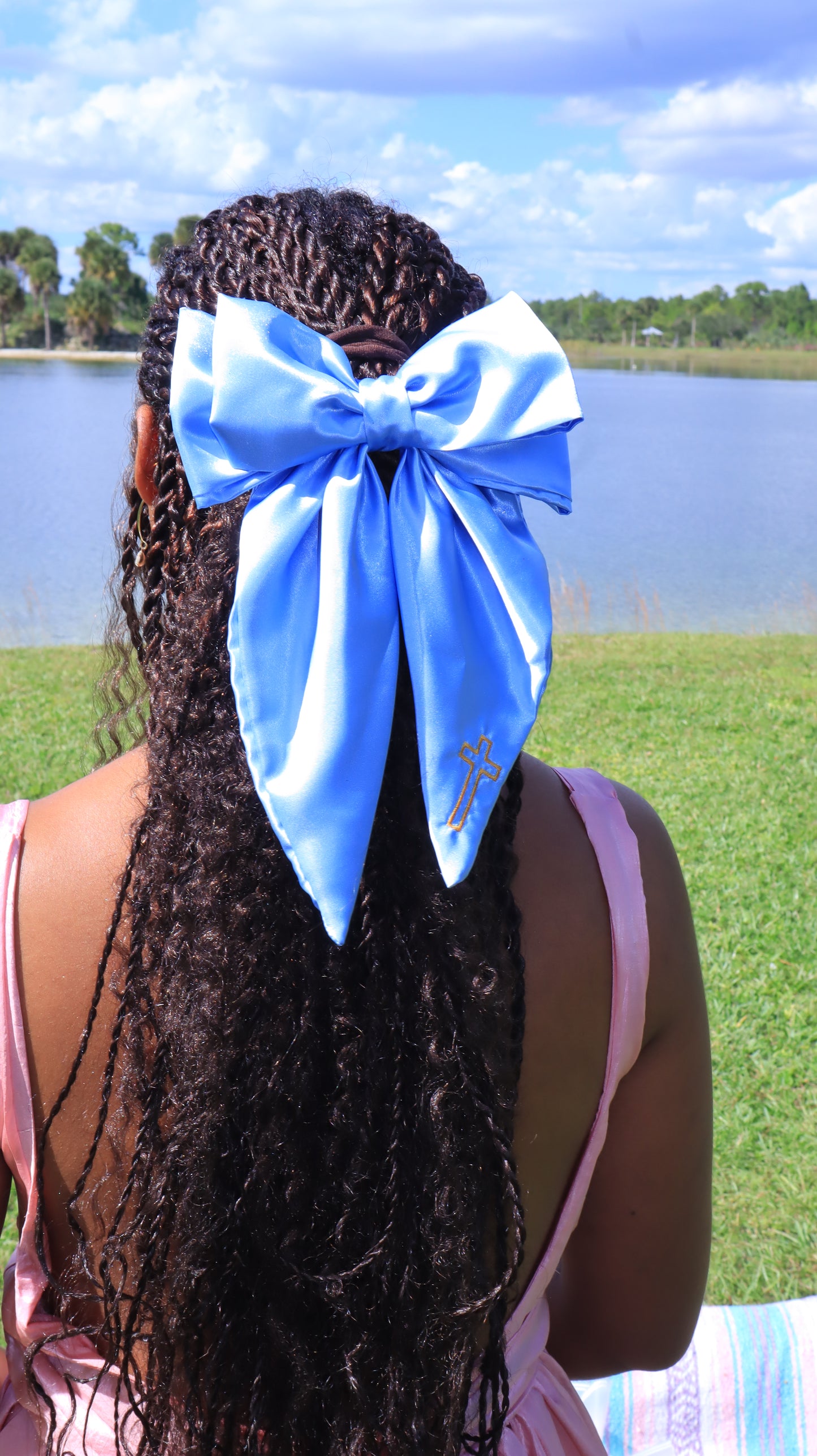 Embroidered Cross Satin Hair Bows