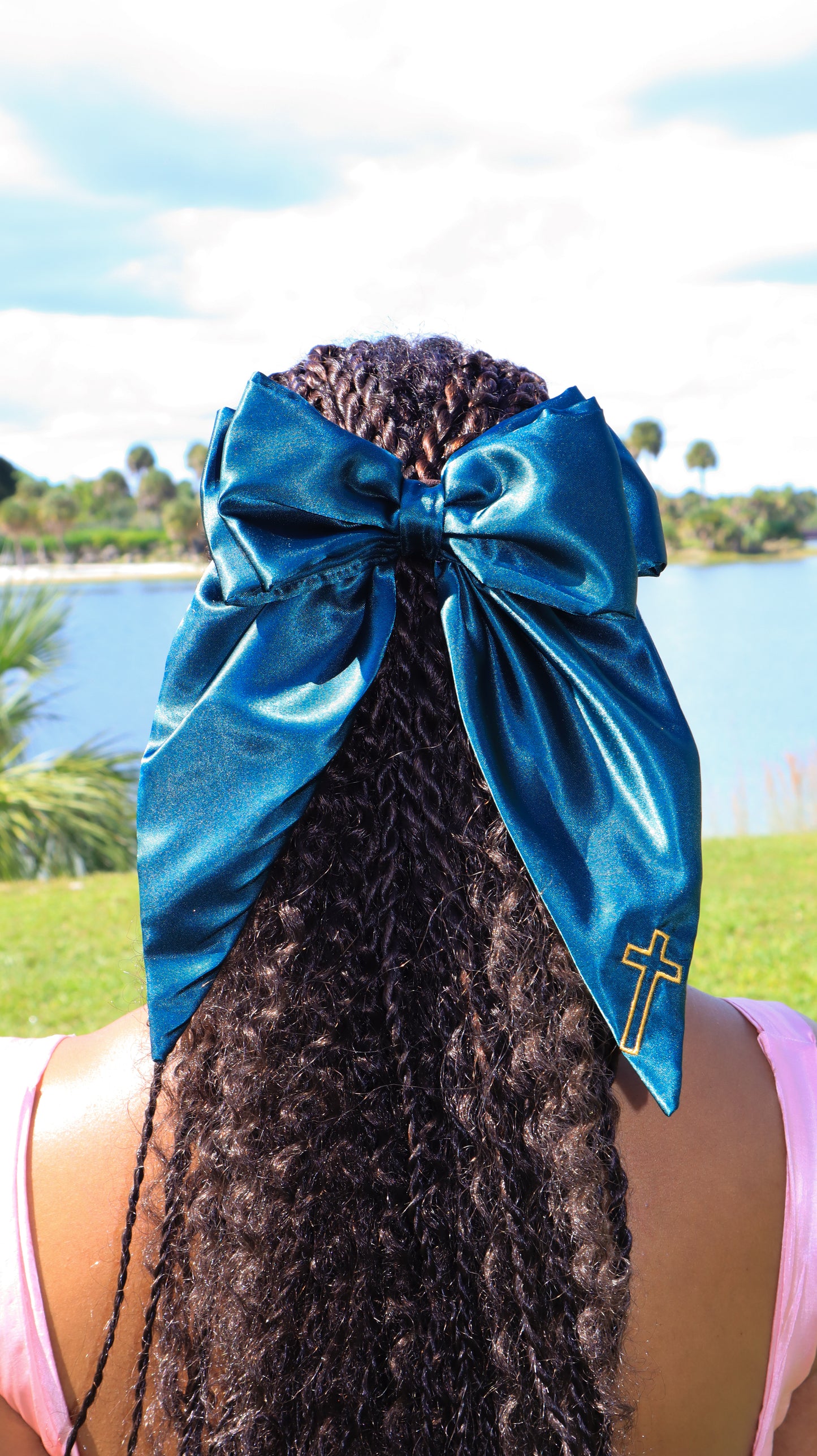 Embroidered Cross Satin Hair Bows