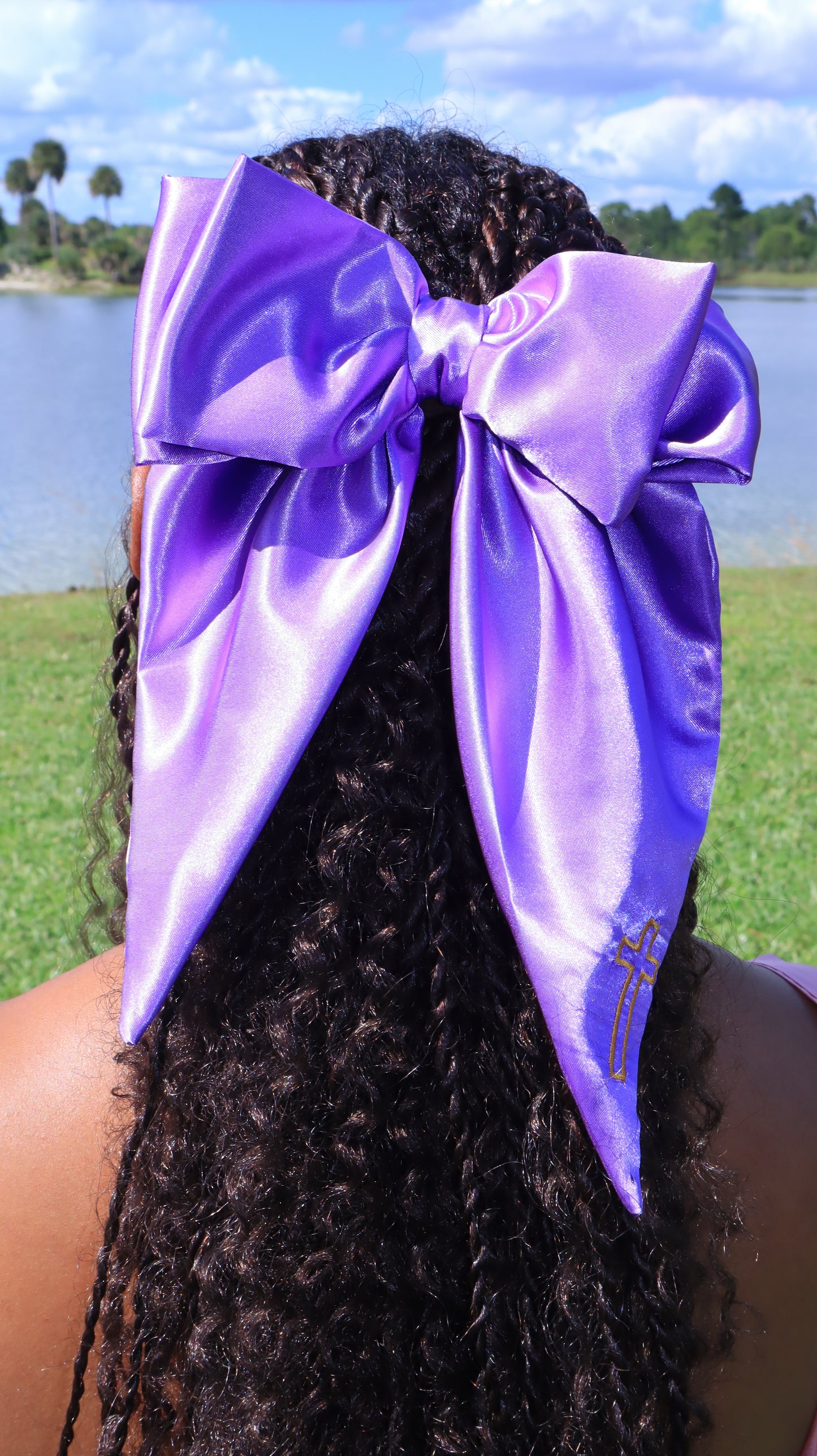 Embroidered Cross Satin Hair Bows