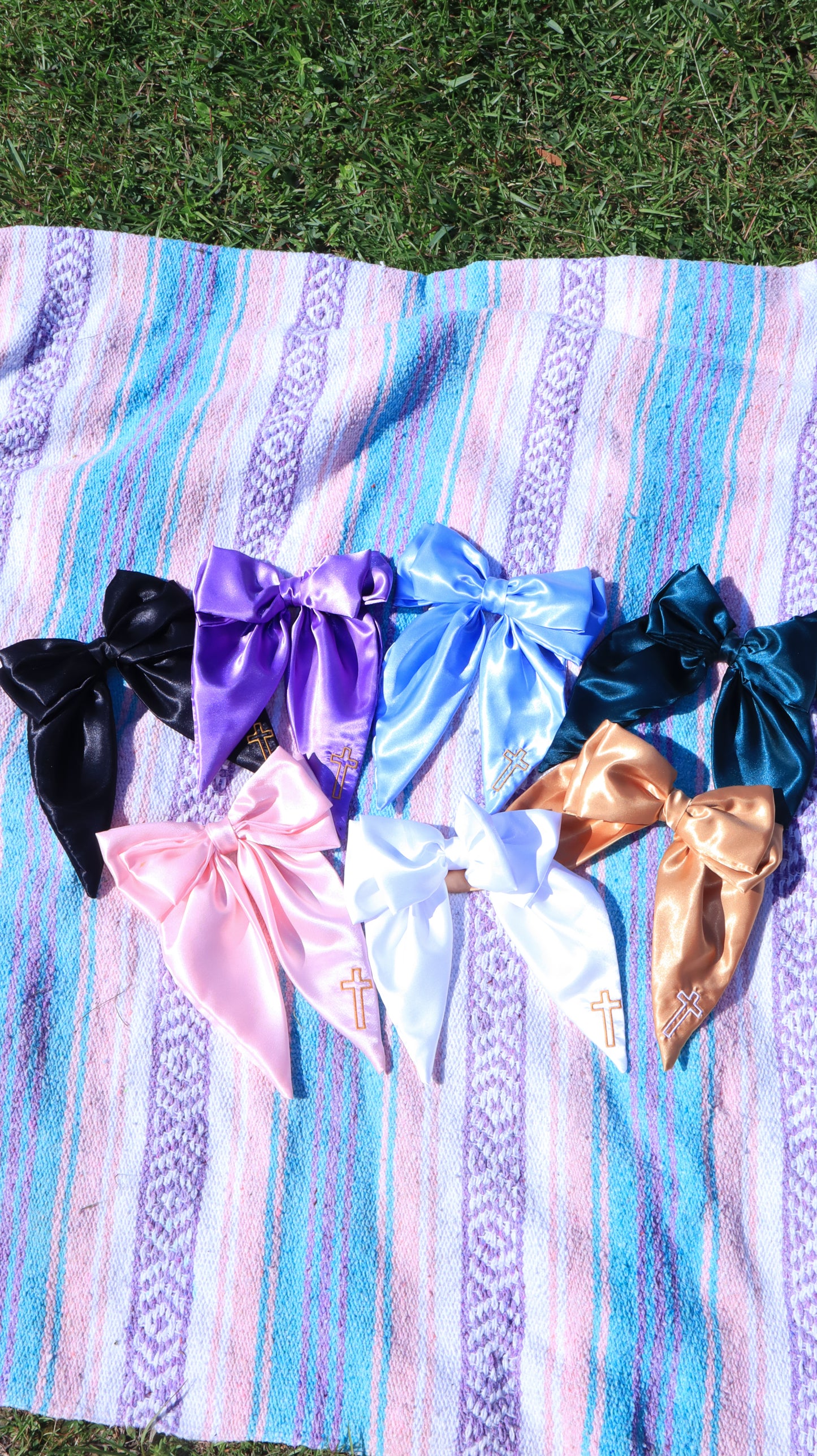 Embroidered Cross Satin Hair Bows