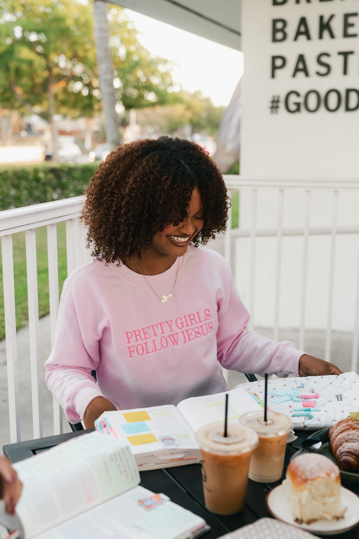 Embroidered Pretty Girls Follow Jesus Sweatshirt – Pink