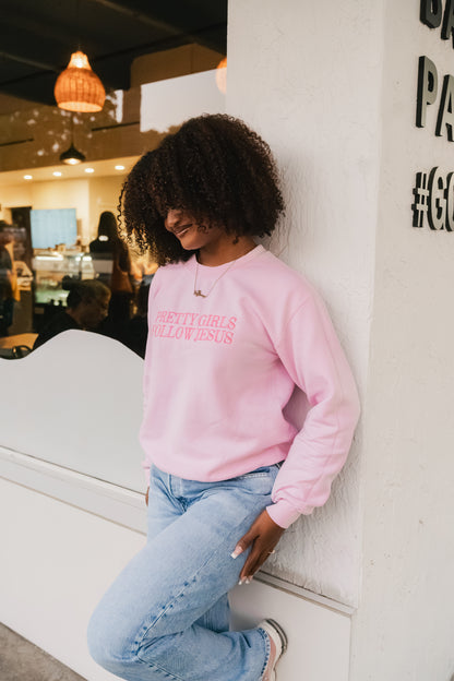 Embroidered Pretty Girls Follow Jesus Sweatshirt – Pink