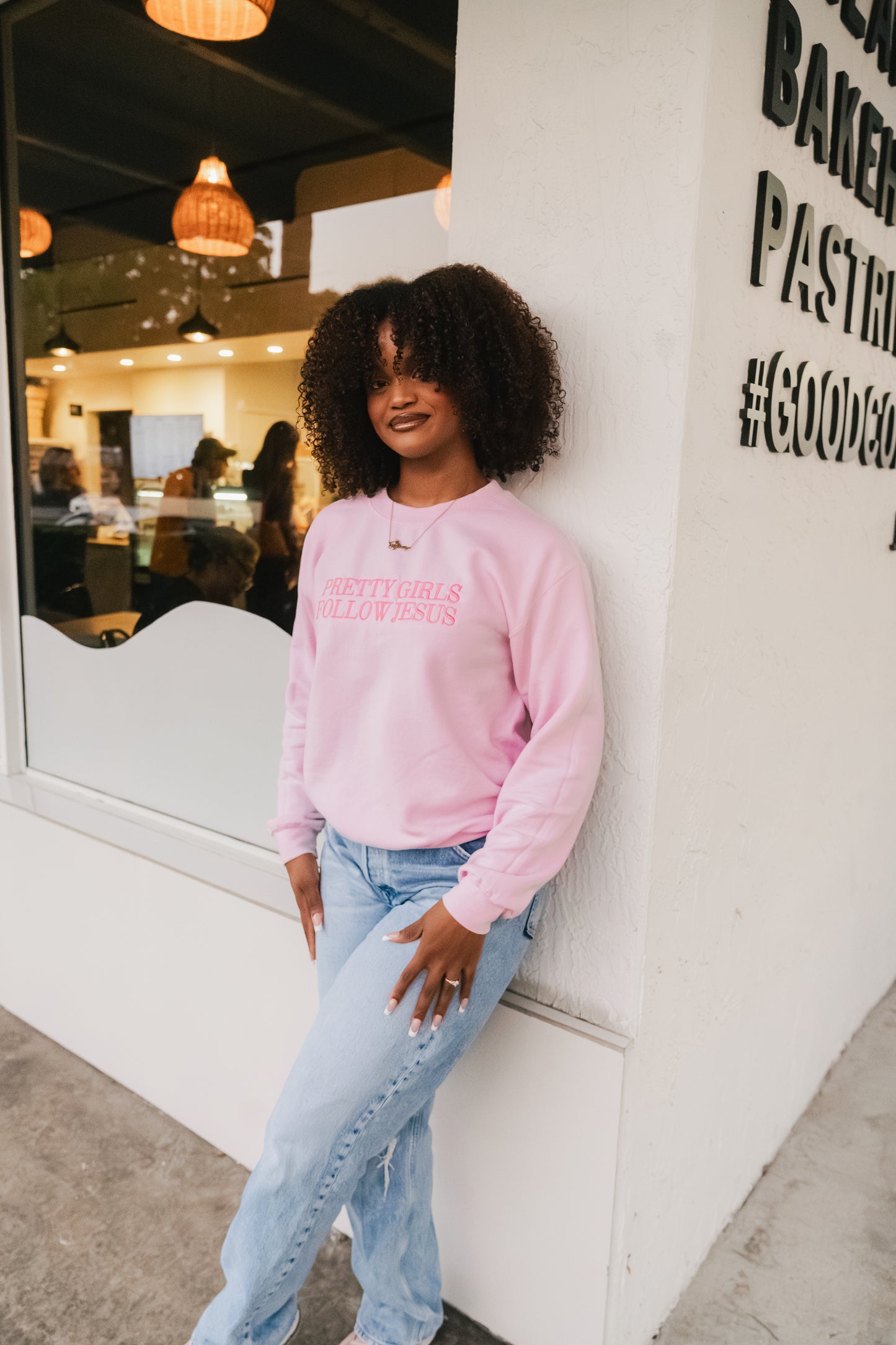 Embroidered Pretty Girls Follow Jesus Sweatshirt – Pink