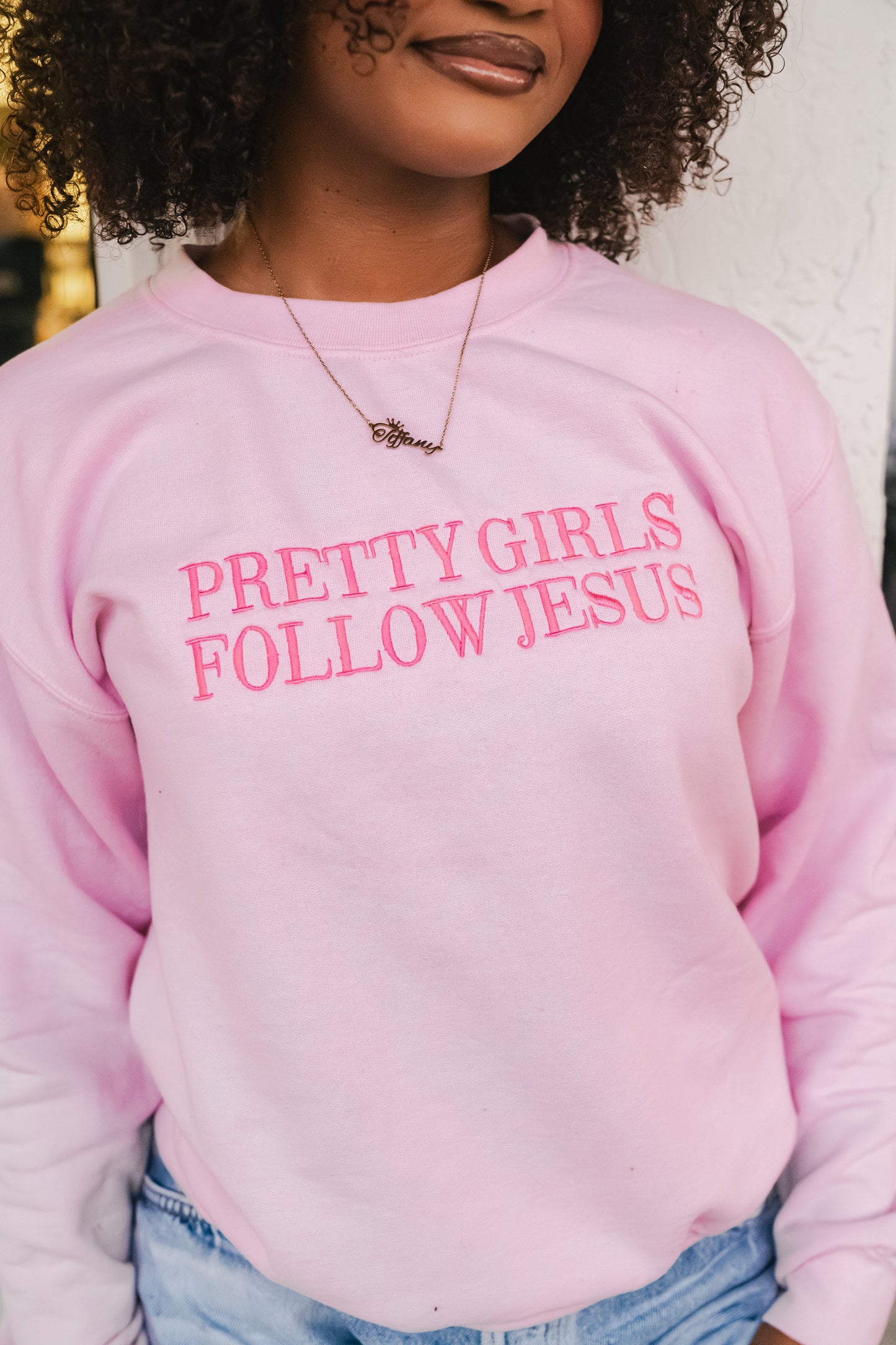 Embroidered Pretty Girls Follow Jesus Sweatshirt – Pink