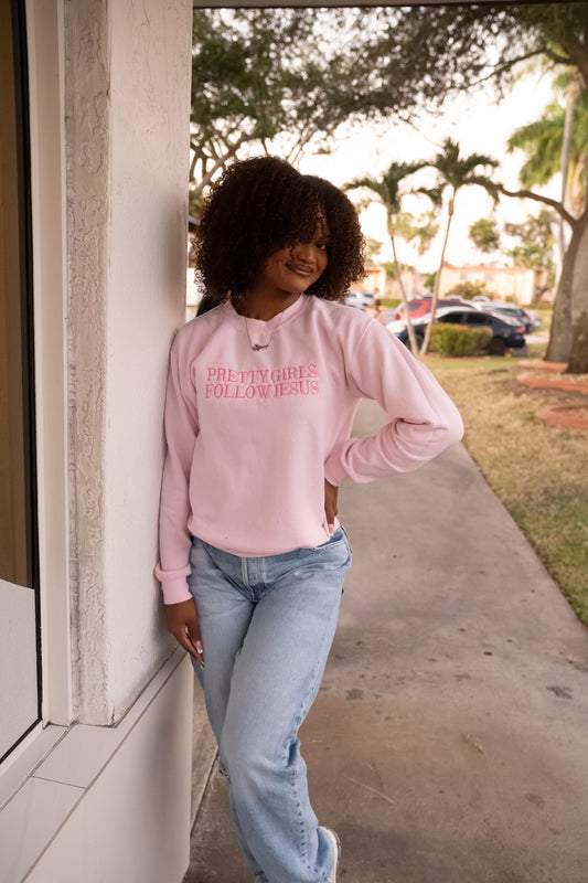 Embroidered Pretty Girls Follow Jesus Sweatshirt – Pink