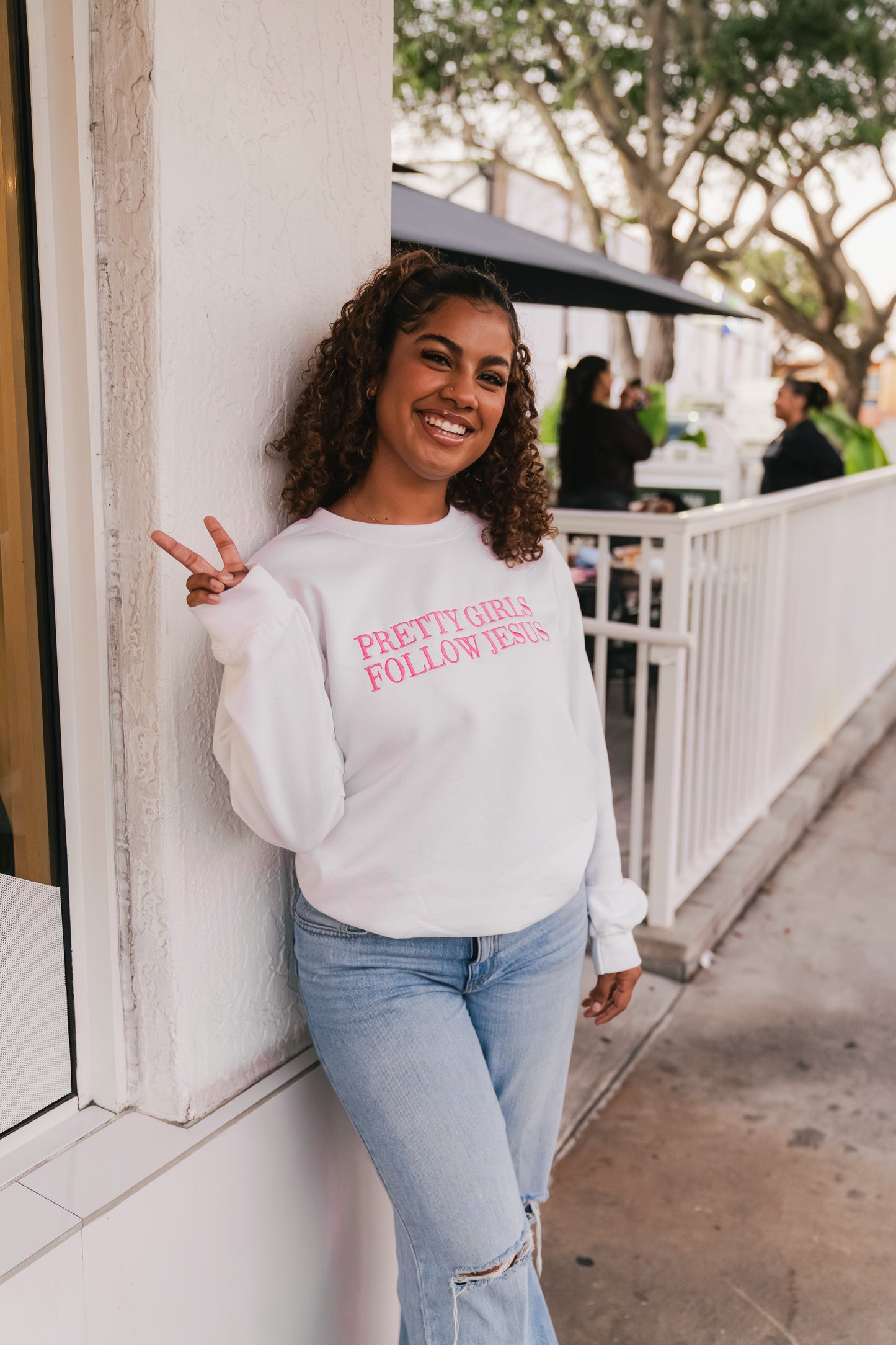 Embroidered Pretty Girls Follow Jesus Sweatshirt – White