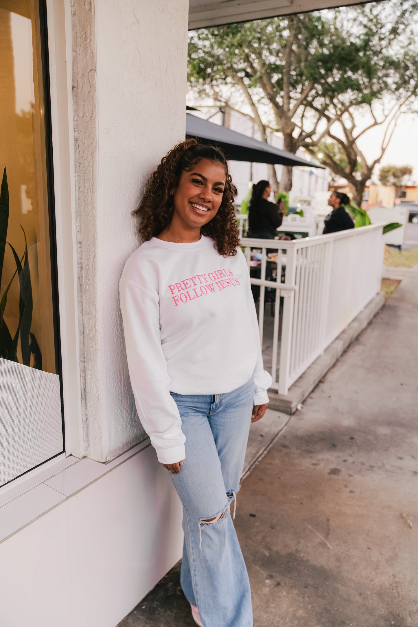 Embroidered Pretty Girls Follow Jesus Sweatshirt – White