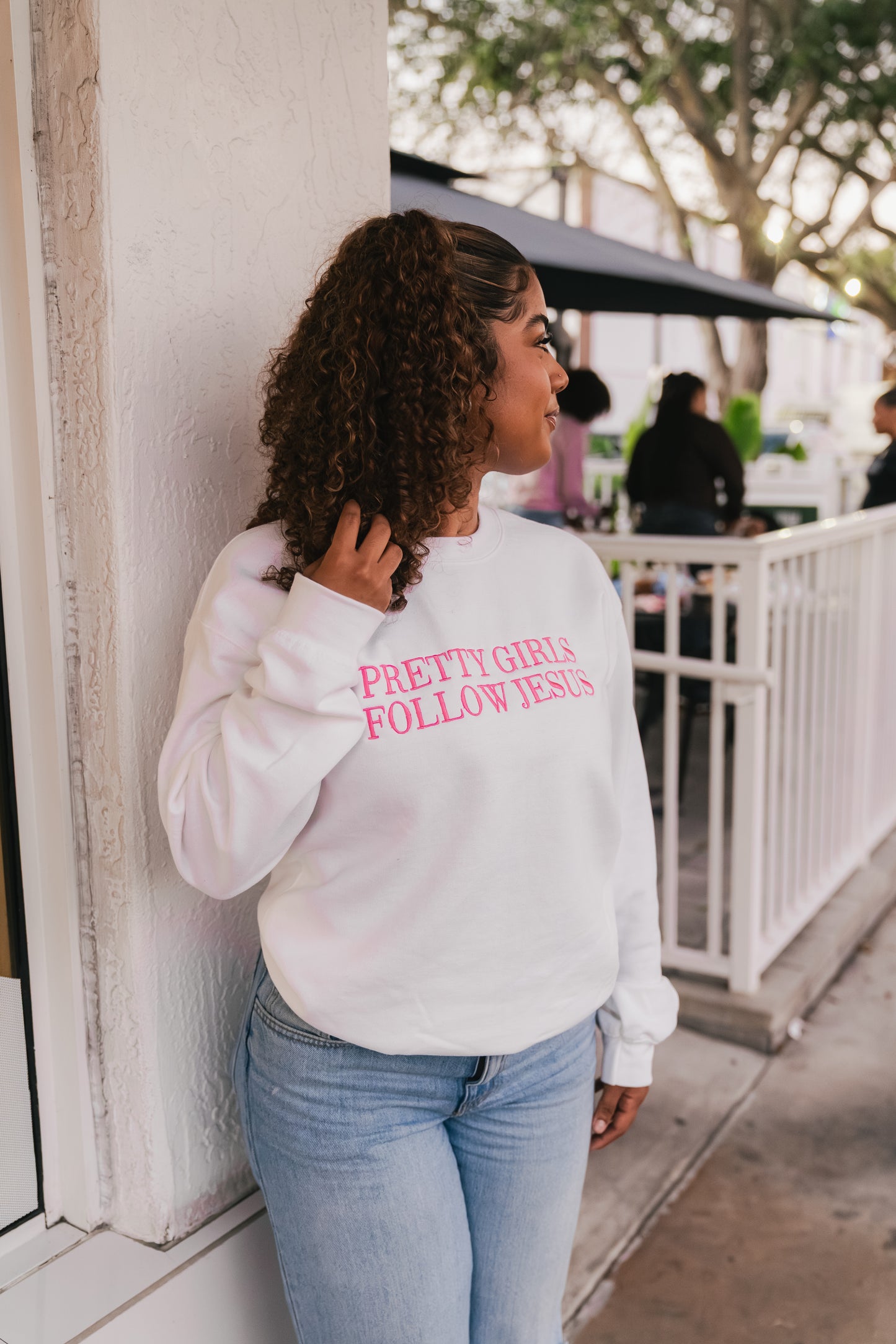 Embroidered Pretty Girls Follow Jesus Sweatshirt – White