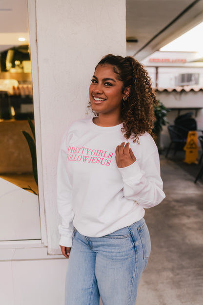 Embroidered Pretty Girls Follow Jesus Sweatshirt – White