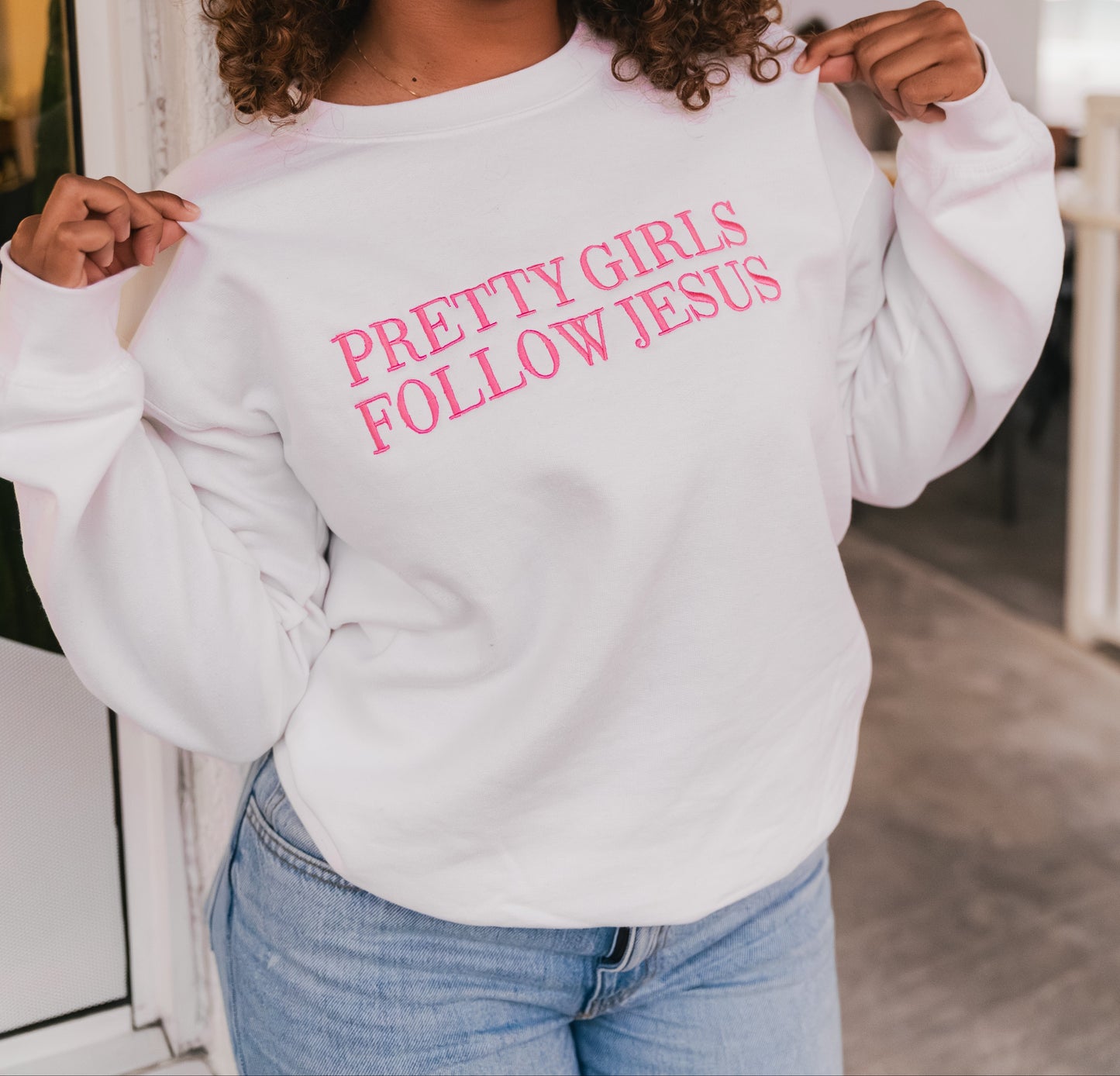 Embroidered Pretty Girls Follow Jesus Sweatshirt – White