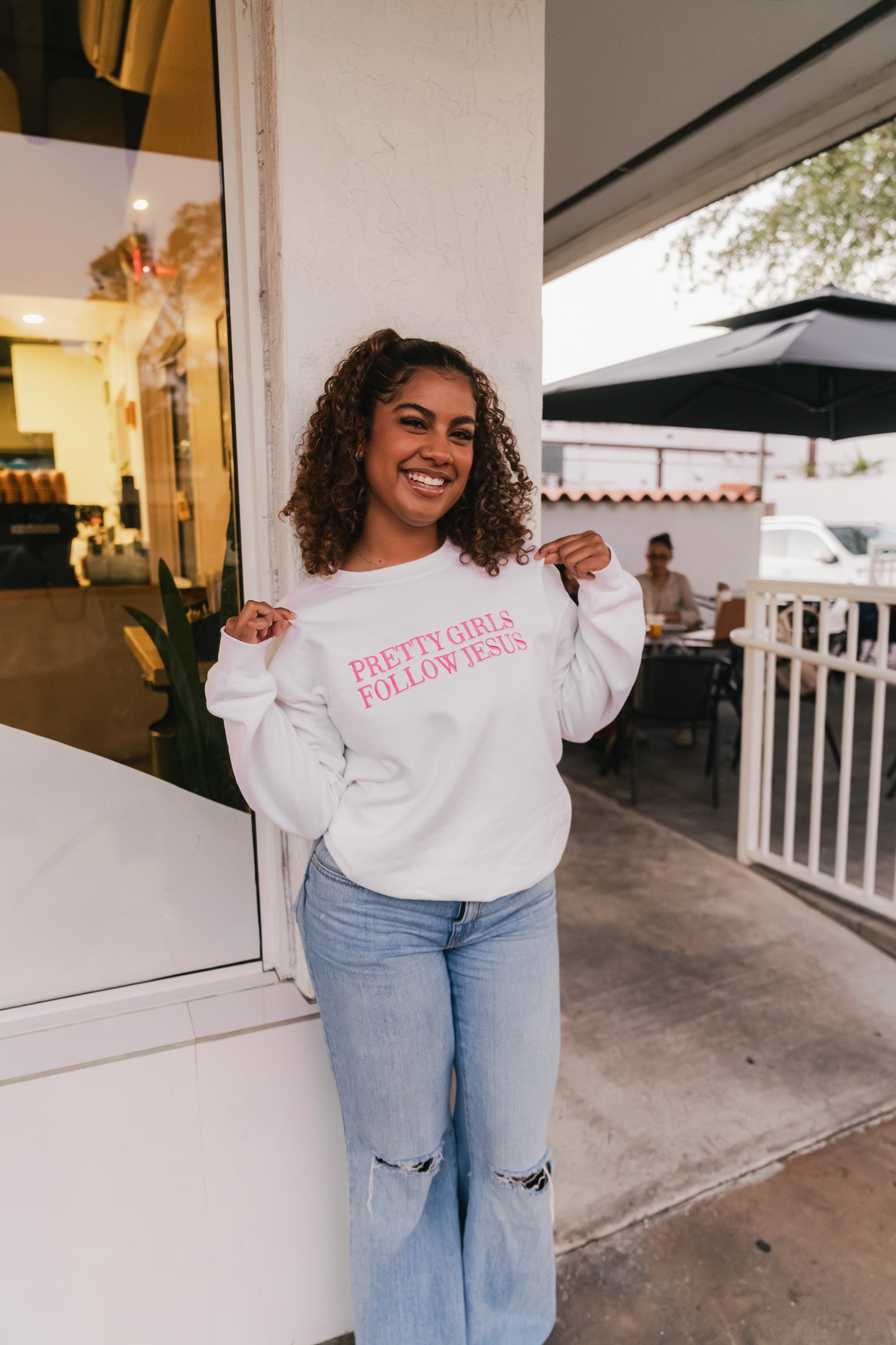 Embroidered Pretty Girls Follow Jesus Sweatshirt – White