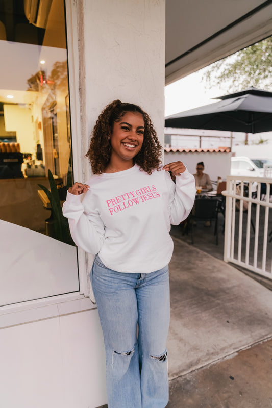 Embroidered Pretty Girls Follow Jesus Sweatshirt – White