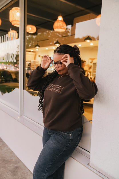 Embroidered Pretty Girls Follow Jesus Sweatshirt – Brown