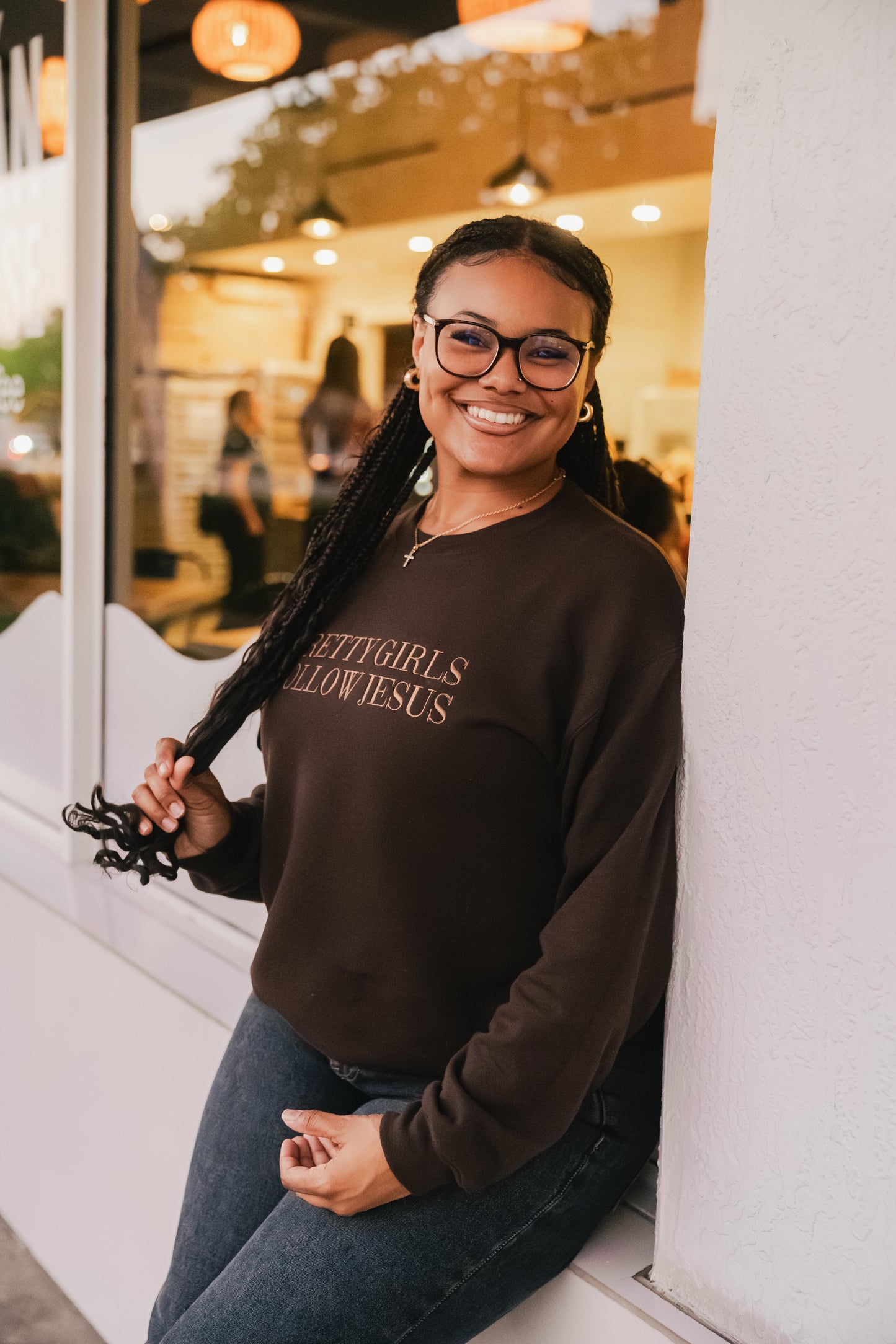 Embroidered Pretty Girls Follow Jesus Sweatshirt – Brown