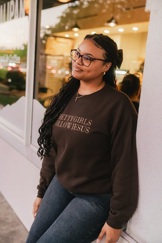 Embroidered Pretty Girls Follow Jesus Sweatshirt – Brown