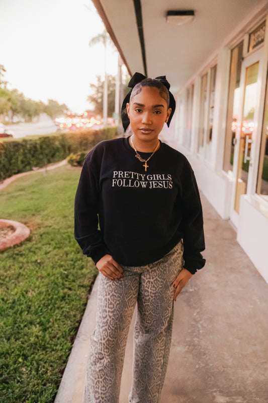 Embroidered Pretty Girls Follow Jesus Sweatshirt – Black