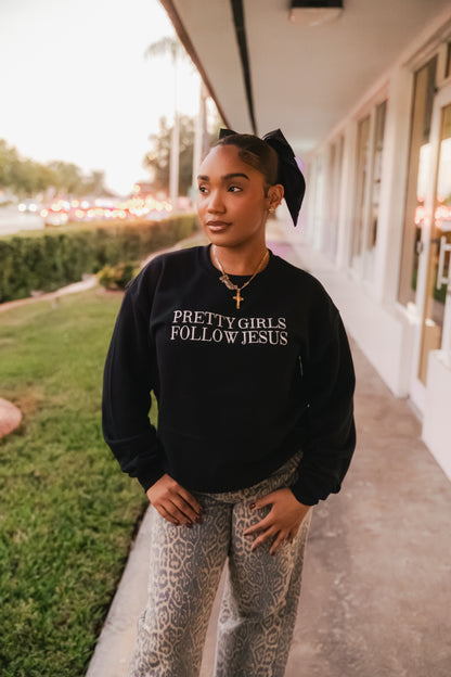 Embroidered Pretty Girls Follow Jesus Sweatshirt – Black