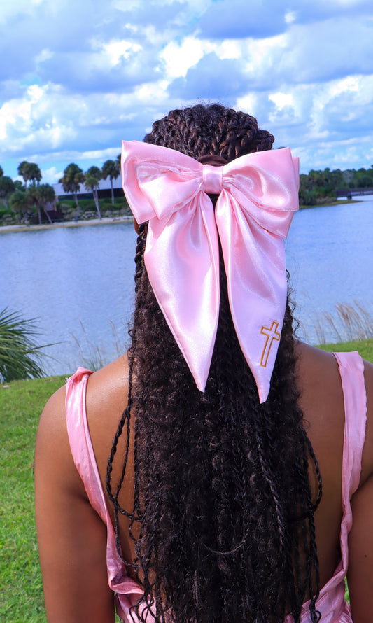 Embroidered Cross Satin Hair Bows