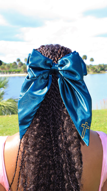 Embroidered Cross Satin Hair Bows