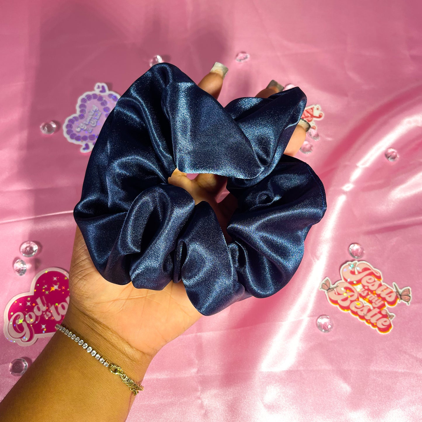 Navy Large Satin Scrunchie