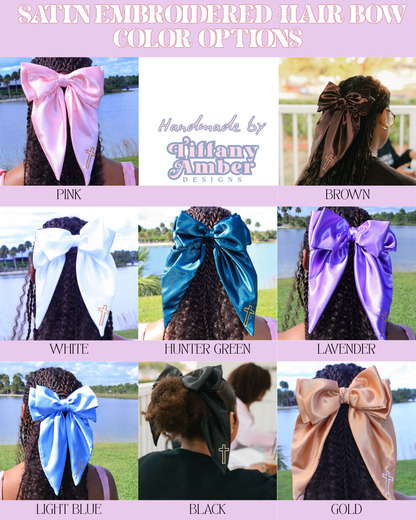Embroidered Cross Satin Hair Bows